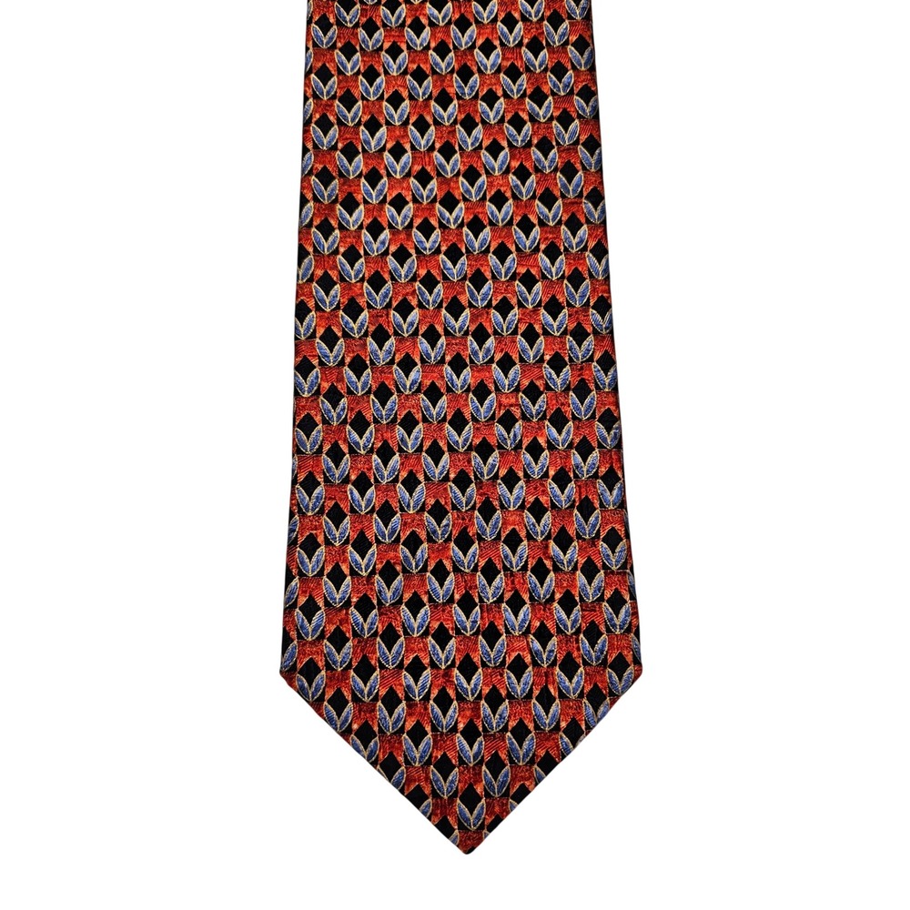 Ermenegildo Zegna Mens Silk‎ Tie Red Navy Blue Geometric Pattern Made in Italy